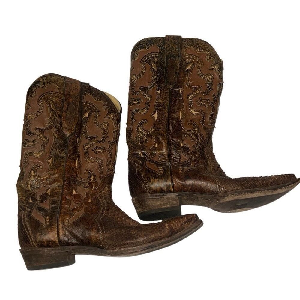 Corral Vintage Genuine Python Embroidered Leather Boots Mens size 11 EE Brown